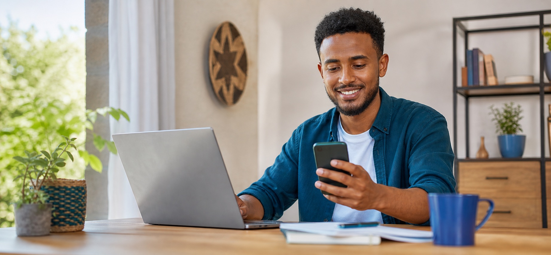 Young Ethiopian freelancer completing online tasks from home using a smartphone and laptop